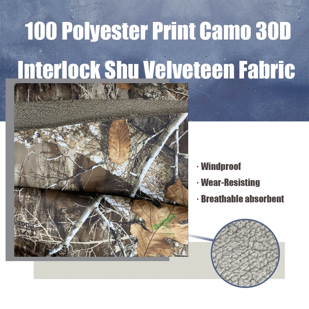 Windproof Downproof Soft Garment Hunting Cloth Outdoor Fabric 100 Polyester Print Camo Interlock Shu Velveteen Faux Fur Sherpa Fleece Fabric