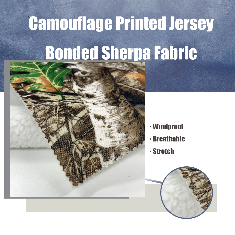 Softshell Camouflage Printed Knitted Jersey Bonded Sherpa Fabric for Hunting Garment/ Compound Fabric