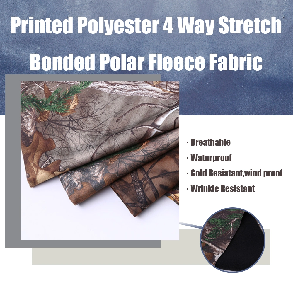 China Textile Laminated Micro Softshell Outdoor Fabric Poly Spandex Printed Camo 4 Way Stretch Fabric Bonded Polar Fleece 100% Polyester Hunting Clothing Fabric
